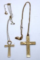 Two 9ct Gold Crosses with fine 9ct Gold chains.  The first 9ct Gold decorated cross pendant measures