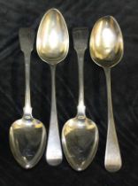 A pair of George III silver fiddle pattern serving spoons, London 1819, two Old English pattern