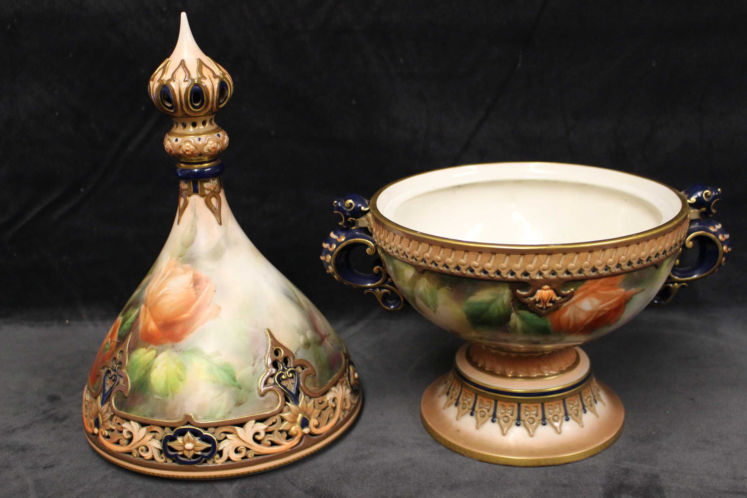 A Hadley's Worcester twin-handled pot pourri and cover painted with roses, the pierced cover and - Image 2 of 5