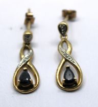 9ct Yellow Gold Sapphire & Diamond Drop Earrings. The pear shaped Sapphires are approx. 5.14mm x 2.