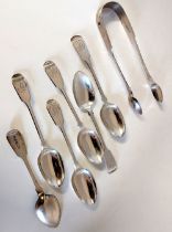 small collection of monogrammed Newcastle silver tea spoons, and a sugar tong,  various dates around