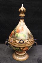 A Hadley's Worcester twin-handled pot pourri and cover painted with roses, the pierced cover and
