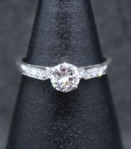 Unmarked White Metal Approx. 0.50ct Solitaire Old European Cut Diamond with Diamond Shoulders ring.