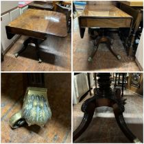 A Mahogany reeded drop leaf sofa table with frieze drawer, pedestal base supported on brass claw