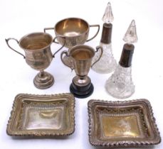 3 silver trophy cups, pair scent bottles, pair silver stamped dishes.  Total gross weight is approx.