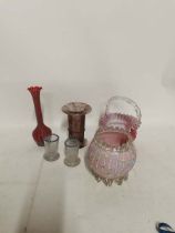 Six pieces of glass to include pink carnival glass and a pair of small airtwist vases. (6