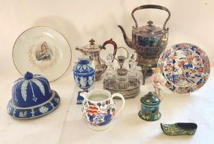 Mixed lot of ceramics and plated items, To include 2 items of jasperware, the vase is AF and