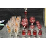 Various glassware to include ruby glass decanter, hock glasses and a set of eight 1950,s glasses