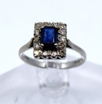 Vintage 18ct White Gold Emerald Cut Sapphire and Diamond ring.  The Emerald Cut Sapphire measures