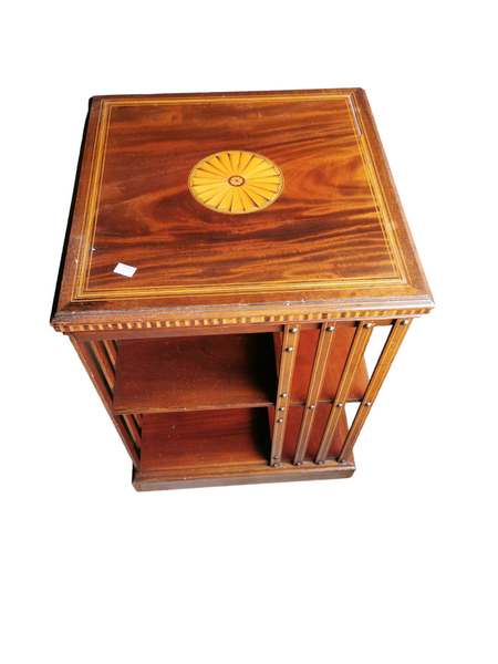 An early 20th century inlaid mahogany revolving bookcase on pot castors (1) - Image 3 of 3