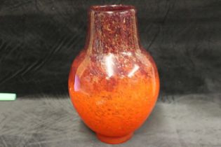 Rare Monart Scottish glass vase.  Orange and Red in colour with Gold flakes colouration.  Approx. 12