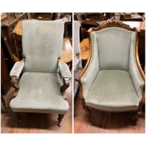 Pair of upholstered chairs one pale grey with Oak frame , one pale green slipper style chair with