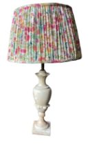 Heavy cream Marble based lamp with ruched and frilled cotton shade lined in white sateen fabric (