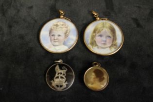 Two Hand Painted Portrait Pendants of a Boy and Girl with unmarked Rose Gold mounts, a Gold Plated
