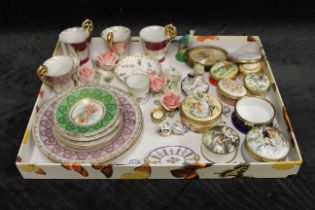 A mixed selection of Dresden & other cups plates and trinket boxes to include Halcyon days examples
