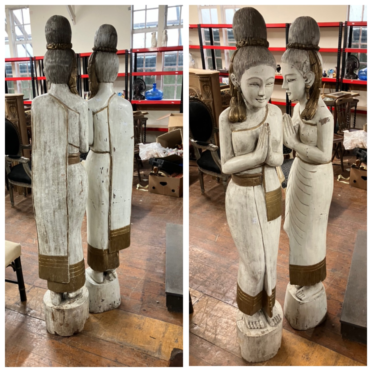 Two hand carved wooden Thai statues Similar but not identical from a single log, decorated in