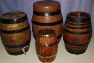 Barrel stool and collection of small coopered barrels including sherry barrel.