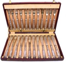 A set of twelve Queens pattern fish knives and forks with silver handles, Sheffield 1935, cased