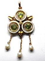 9ct Yellow Gold Art Nouveau Enameled Peridot and Seed Pearl Pendant.  There is three Round Old
