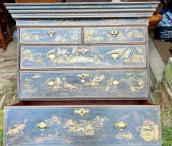 An 18th century chinoiserie chest on stand base at fault complete two legs detached  All parts