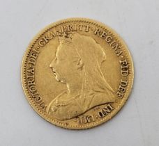 A Victoria 1900 "Veiled bust" half sovereign gold coin, London mint.