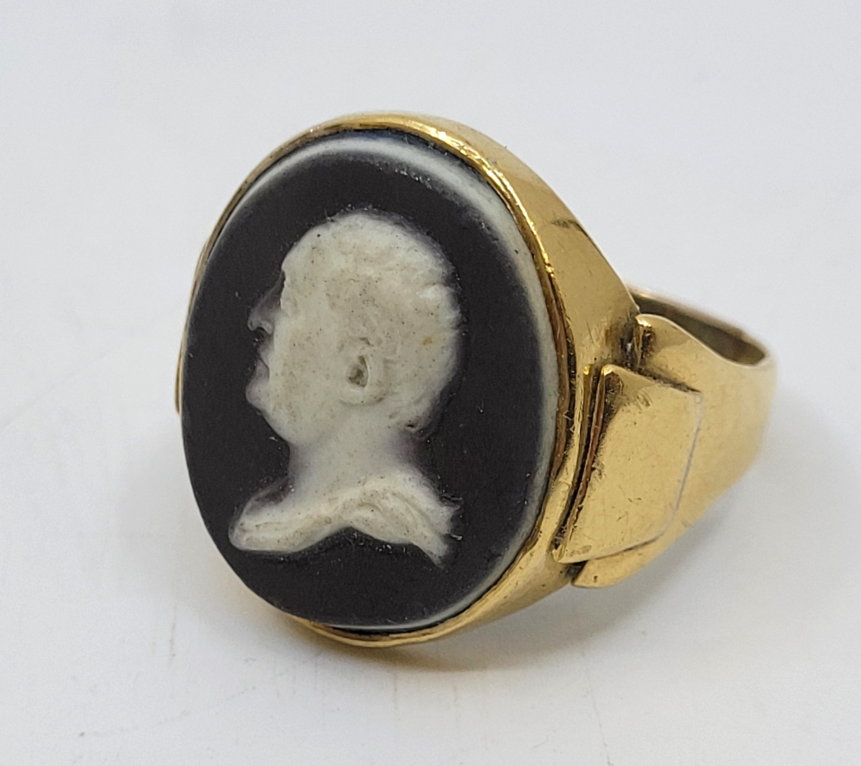 A George III precious yellow Wedgwood & Bentley dark blue jasperware cameo ring, late 18th