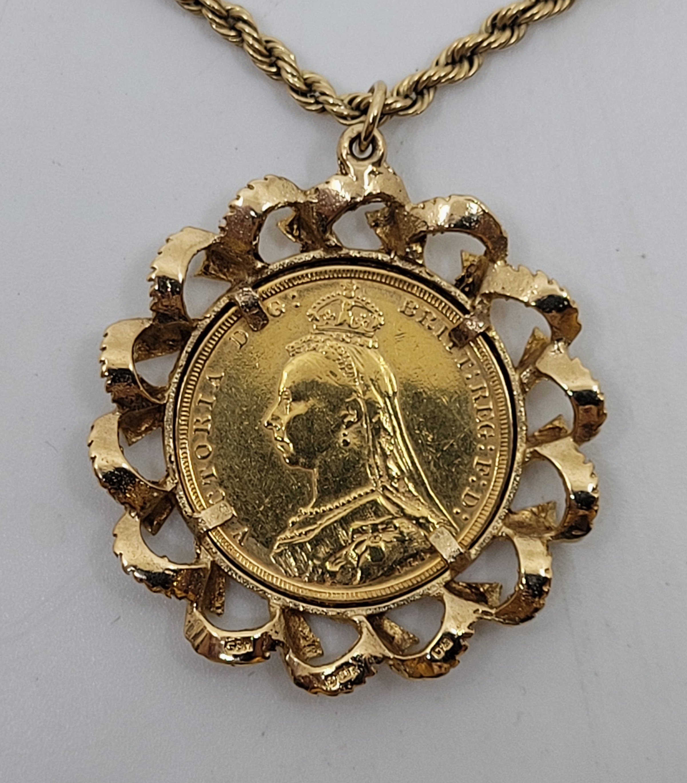 A Victoria 1890 "jubilee bust" gold sovereign coin, London mint, in 9ct. gold pendant mount, - Image 3 of 3