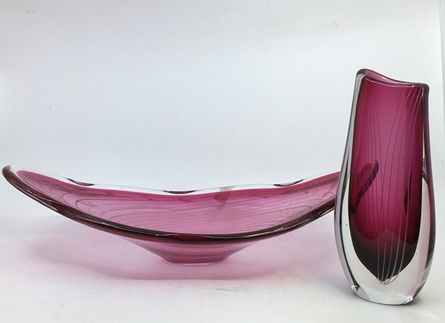 A mid century Murano glass bowl together with a matching vase.