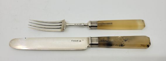 A George IV agate handled silver spoon and a fork, by Samuel & William Kirby (probably), Sheffield