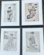 Four framed Japanese Edo period woodblock prints , 36cm x 24cm (each)