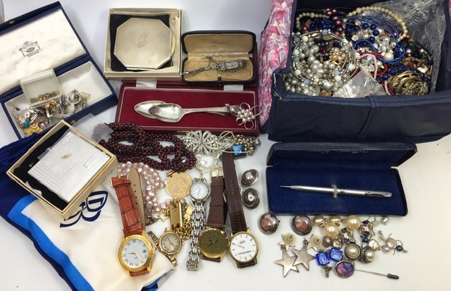 A collection of costume jewellery, to include; a 9ct. gold wrist watch, manual movement, c.1930's,