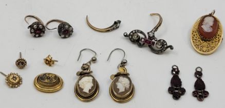 A collection of antique jewellery, to include; a pair of yellow metal mounted cameo drop earrings,