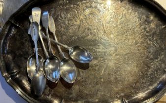 Two silver plated salvers together with six English fiddle pattern silver teaspoons, (silver