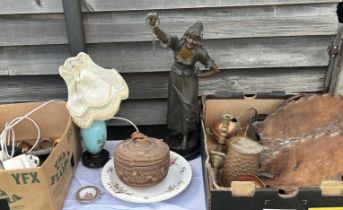 Two boxes of misc items pottery misc and others to include a large shelter lamp