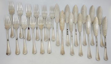 A set of silver fish knives and forks for twelve, by John Sanderson, Sheffield 1902, with engraved