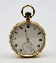 An 18ct. gold open faced pocket watch, crown wind, having white enamel Roman numeral dial with outer