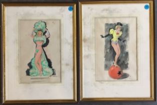 Two Pierre Rosiny watercolour costume studies, signed, together with four prints, (a/f) (6)