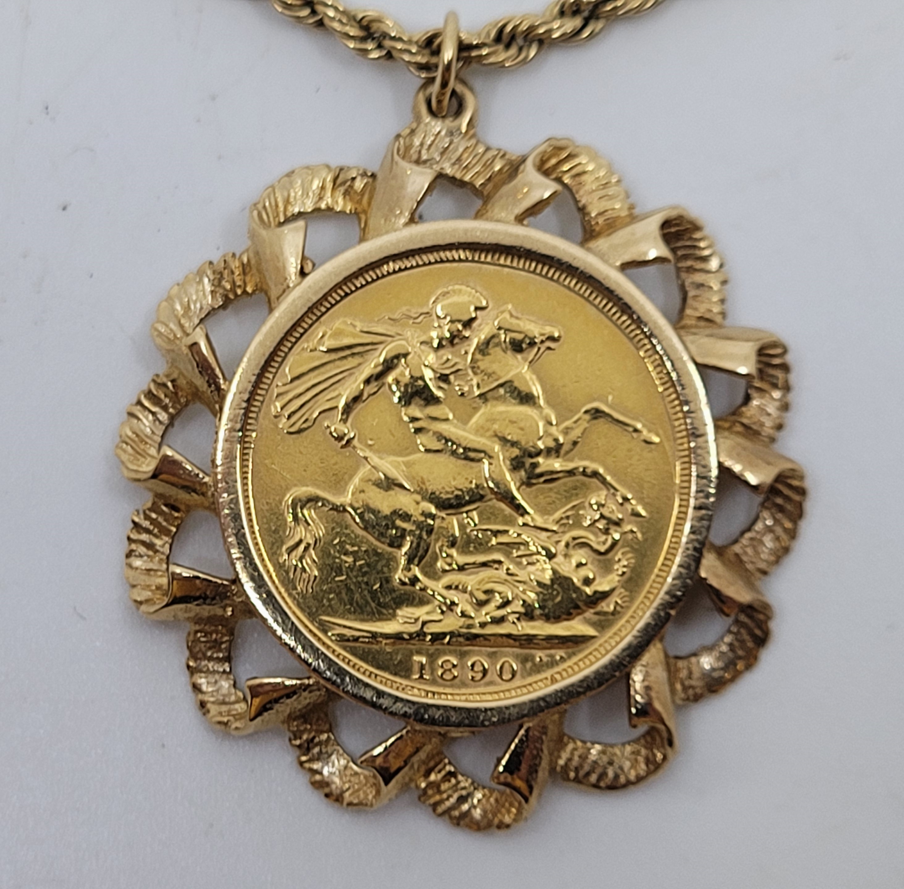 A Victoria 1890 "jubilee bust" gold sovereign coin, London mint, in 9ct. gold pendant mount, - Image 2 of 3