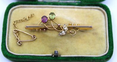 Antique Art Nouveau 9ct Gold Pink Tourmaline, Green Peridot & Seed Pearl Brooch with Safety