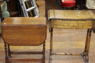 An oak barley twist drop leaf table together with a walnut veneered fold out dressing table on brass