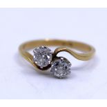 18ct Yellow Gold Two Stone Round Old European Cut Diamond ring. Total carat weight is approx. 0.