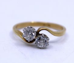 18ct Yellow Gold Two Stone Round Old European Cut Diamond ring. Total carat weight is approx. 0.