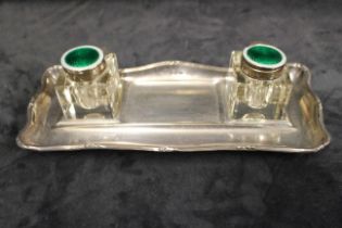 Edwardian Sterling Silver Inkwell Stand with two Glass inkwells with Sterling Silver Enamelled