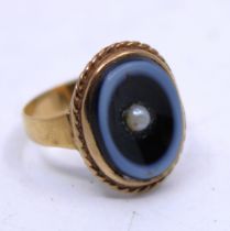 Unmarked Yellow Metal Black Hardstone and Cultured Pearl ring.  The oval Black Hardstone measures