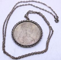 Maria Theresa 1780 Thaler Re-strike Coin Pendant on a Silver Chain.  An impressive size Coin Pendant