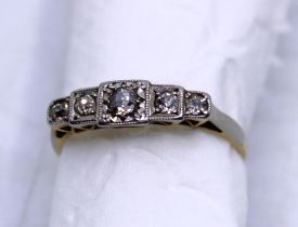 Art Deco 18ct Gold and Platinum Five Stone Old European Cut Diamond ring.  The ring is inset with