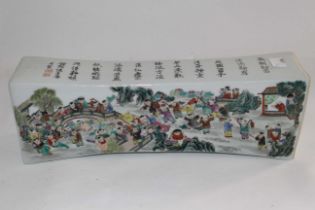 A Vintage Hand painted Porcelain Opium Pillow. Depicting 100 boys. Apocryphal signed Tang Yin.