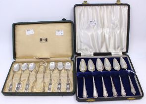 Set of Six Art Deco Sterling Silver Liberty Spoons & Sugar Tongs & Set of Six Sterling Silver Cake