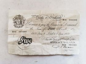 A Bank Of England 1950 white paper £5 note R72 Prefix, P. S. Beale