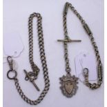 One Sterling Silver Albert chain with dog clip (damaged) and an unmarked white metal watch chain